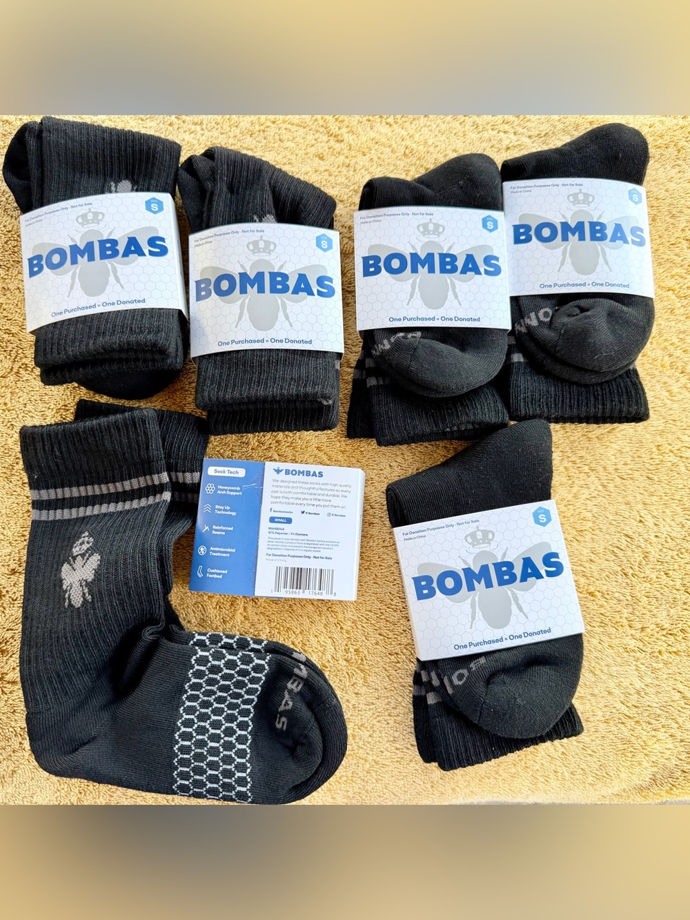 ARV$44 Boys Lot 6 New Bombas SZ Small Or Unisex Black Youth Socks Bee Honeycomb